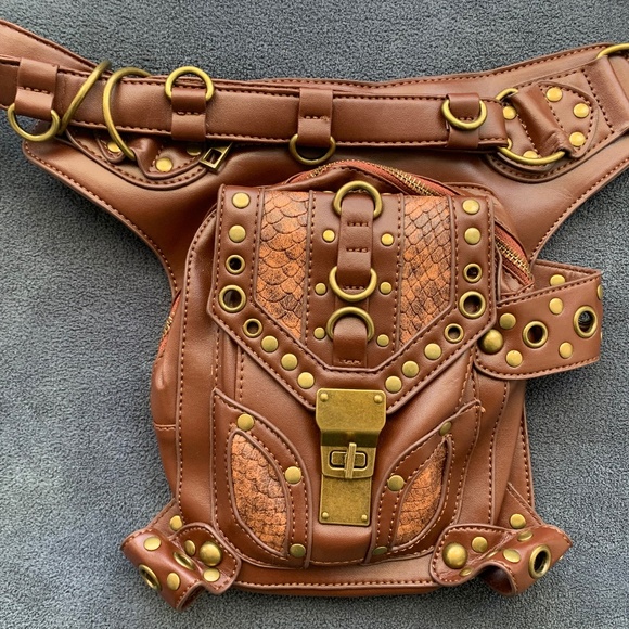 Steampunk Brown Leather Holster Bag • Multi Strap Hip / Thigh / Leg Bag - Picture 4 of 6